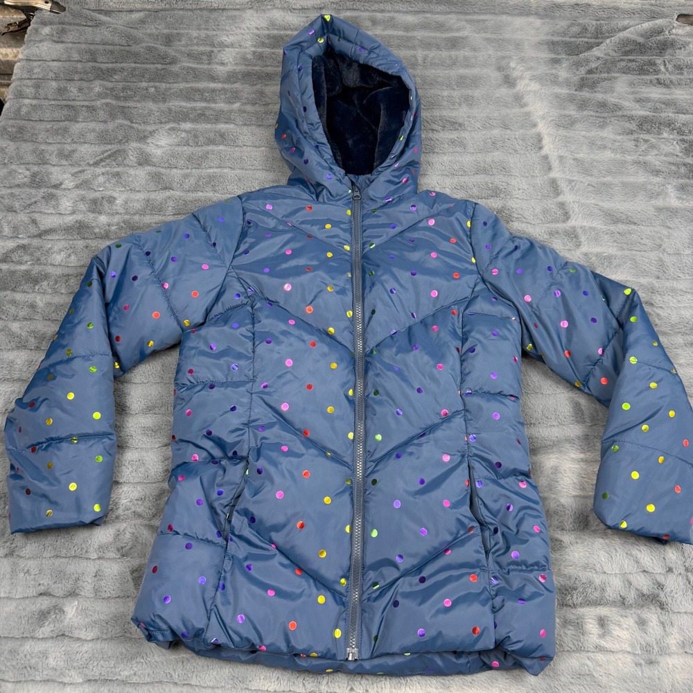 Swiss Tech Girls Blue Rainbow Metallic Polka Dot Puffer Jacket Hooded XXL 18